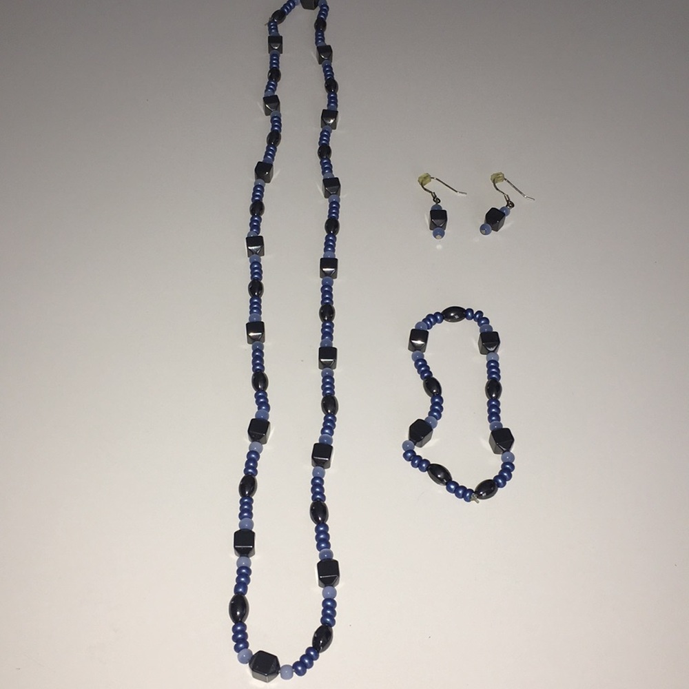 Magnetic 3 piece jewelry set blues & steel grey